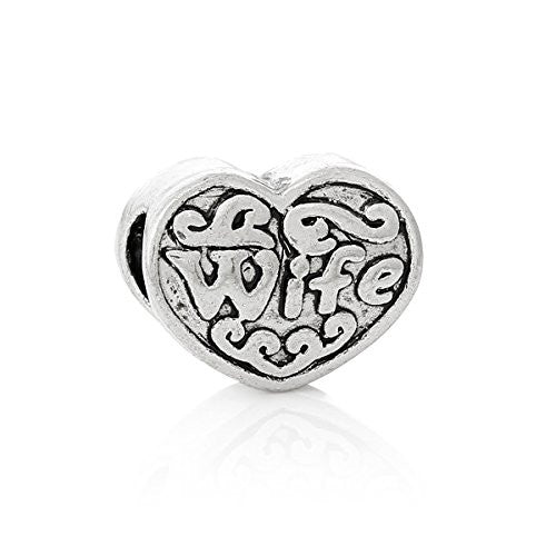 "Wife" Heart Bead European Bead Compatible for Most European Snake Chain Bracelet