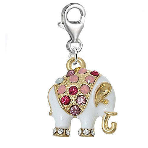 White Multi Elephant Charm Clip on Pendant for European Charm Jewelry w/ Lobster Clasp