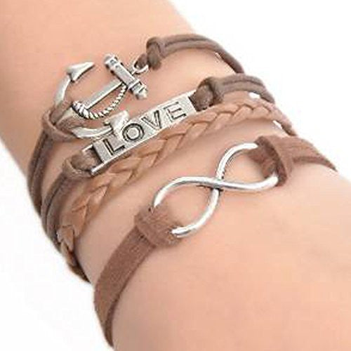Wax Rope Braiding Bracelet Coffee W/Antique Silver Infinity Symbol & Anchor & Rectangle "Love" Findings 20cm(7 7/8")long - Sexy Sparkles Fashion Jewelry - 1