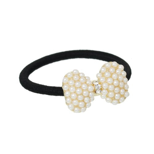 Nylon Cirlce Ring Hair Band Ponytail Holder Black Acrylic Imitation Pearl Choose Your Style From Menu (Bowknot B)