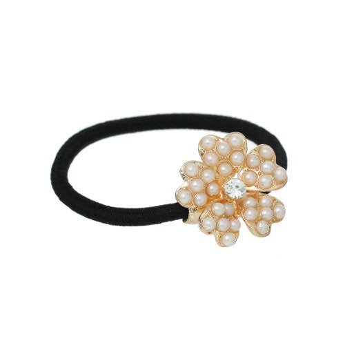 Nylon Cirlce Ring Hair Band Ponytail Holder Black Acrylic Imitation Pearl Choose Your Style From Menu (Flower A)