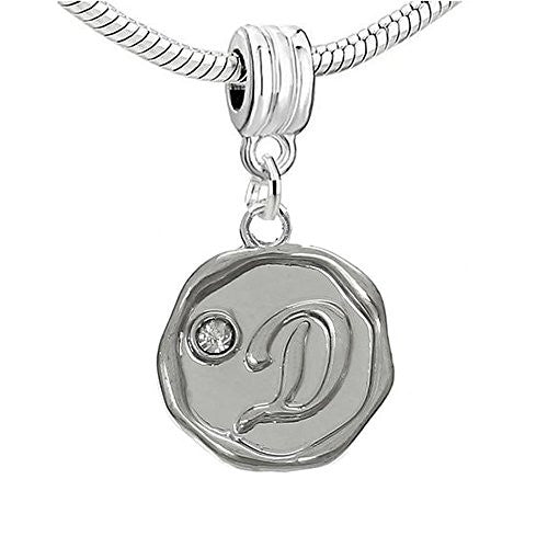 Alphabet Letter D Carved with Clear  Crystals Charm Dangle Bead Compatible with European Snake Chain Bracelets