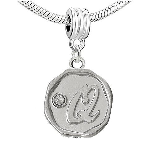 Alphabet Letter Q Carved with Clear  Crystals Charm Dangle Bead Compatible with European Snake Chain Bracelets - Sexy Sparkles Fashion Jewelry
