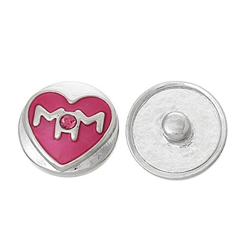 "Mom" Chunk Snap Jewelry Button Round Silver Tone Heart Pattern Fit Chunk Bracelet Pink Rhinestone Enamel Pink