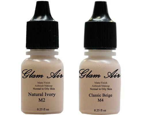Airbrush Makeup Foundation Matte M2 Natural Ivory and M4 Classic Beige Water-based Makeup Lasting All Day 0.25 Oz Bottle By Glam Air