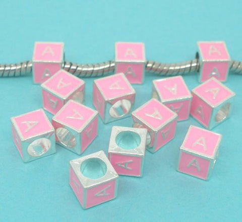 "A" Letter Square Charm Beads Pink Enamel European Bead Compatible for Most European Snake Chain Charm Bracelet - Sexy Sparkles Fashion Jewelry - 2