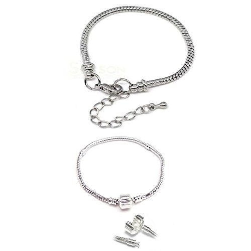 2 (Two) 8.5" Silver Tone Snake Chain Classic Bead Barrel Clasp +Starter Master Lobster Clasp Bracelet