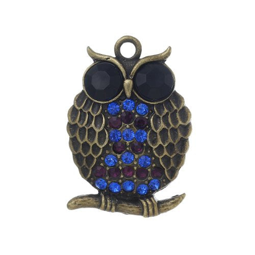 Bronze Owl Charm Pendant With Blue and Purple Crystals for Necklace
