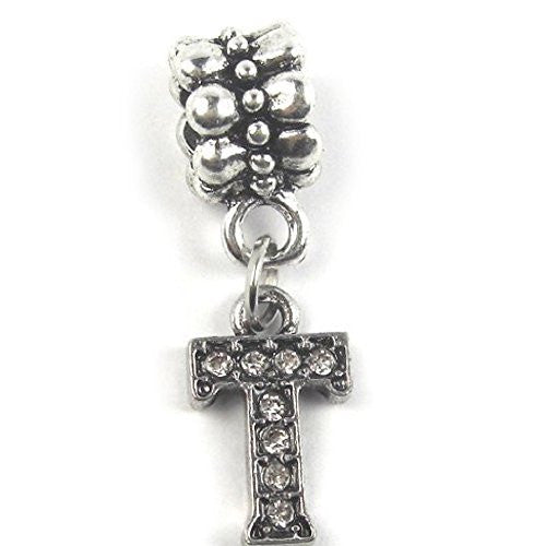 "T" LetterDangle  Charm Beads with Crystals for Snake Chain Charm Bracelet