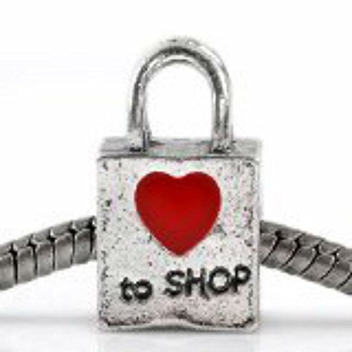"Love to Shop" Bag Charm European Bead Compatible for Most European Snake Chain Bracelet