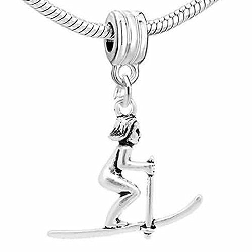 Snow Skier Dangle Charm European Bead Compatible for Most European Snake Chain Bracelet