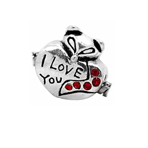 I Love You W/ruby Red July Birthstone  Crystals Charm European Bead Compatible for Most European Snake Chain Bracelet - Sexy Sparkles Fashion Jewelry