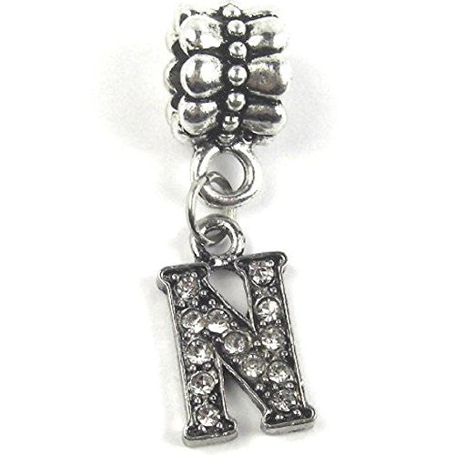 "N" Letter Dangle Charm Beads with Crystals for Snake Chain Charm Bracelet