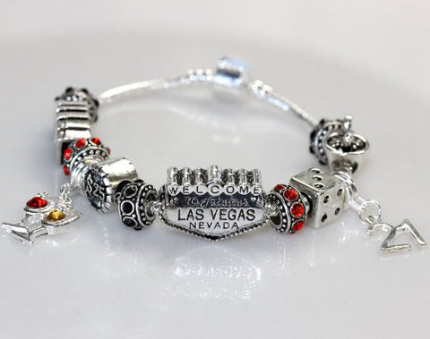 6.5" Viva Las Vegas Theme Charm with 12 Charms, Pocker Cards,Casino Chips,Dice,Martini Glass & Crystals charm beads, For Snake Chain Bracelets - Sexy Sparkles Fashion Jewelry - 2