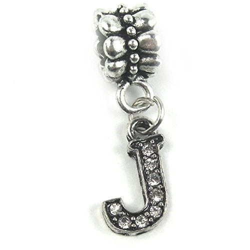 "J" Letter Dangle Charm Beads with Crystals for Snake Chain Charm Bracelet