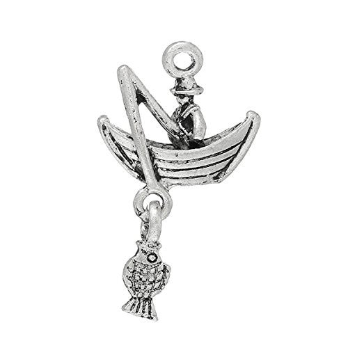 Fisherman Fishing in Boat Charm Pendant for Necklace