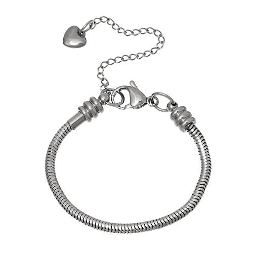 6" European Style Stainless Steel Snake Chain Charm Bracelet with Heart Lobster Clasp