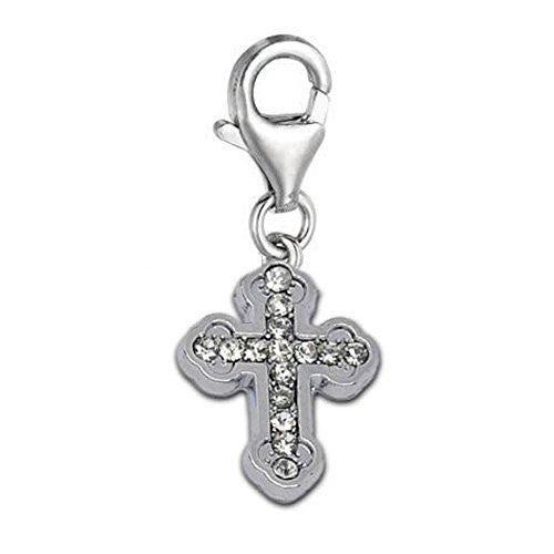 Clip on Silver Tone with Created Crystal Cross Charm Pendant for European Jewelry w/ Lobster Clasp
