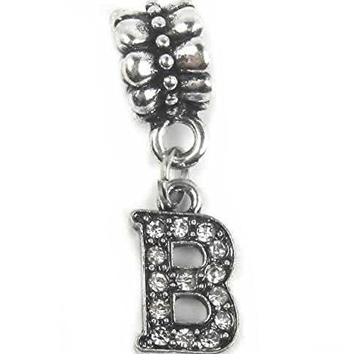 "B" Letter  Dangle Charm Beads with Crystals for Snake Chain Charm Bracelet