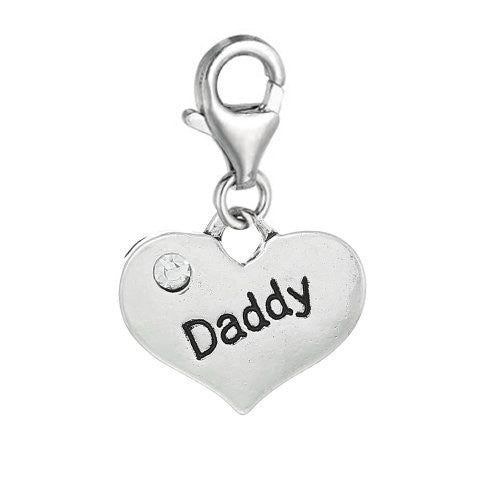 Heart Dangle 2 Sided Clear Rhinestones Pendant w/ Clear Crystal Dangle Charm Pendant w/ Lobster Clasp (Daddy)
