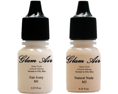 Airbrush Makeup Foundation Matte Finish M1 Fair Ivory and M3 Natural Nude Water-based Makeup Lasting All Day 0.25 Oz Bottle By Glam Air