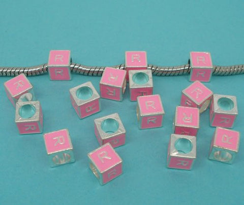 "R" Letter Square Charm Beads Pink Enamel European Bead Compatible for Most European Snake Chain Charm Bracelet - Sexy Sparkles Fashion Jewelry - 2