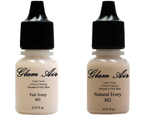 (2)Two Glam Air Airbrush Makeup Foundations M1 Fair Ivory & M2 Natural Nude for Flawless Looking Skin Matte Finish For Normal to Oily Skin (Water Based)0.25oz Bottles