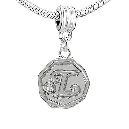 Alphabet Letter L Carved with Clear  Crystals Charm Dangle Bead Compatible with European Snake Chain Bracelets - Sexy Sparkles Fashion Jewelry