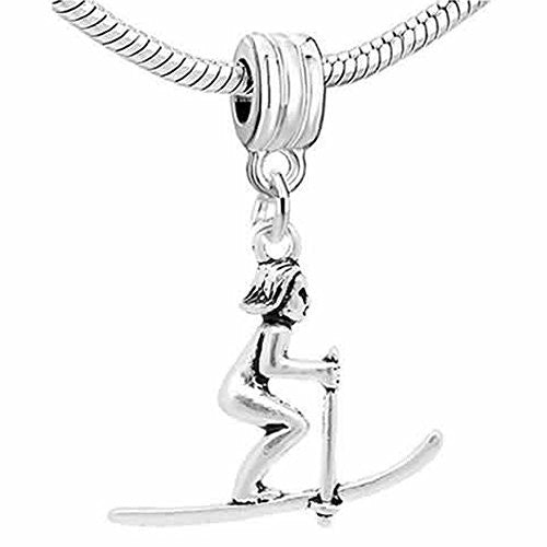 Girl on Snow Skis Charm European Bead Compatible for Most European Snake Chain Bracelet - Sexy Sparkles Fashion Jewelry - 1