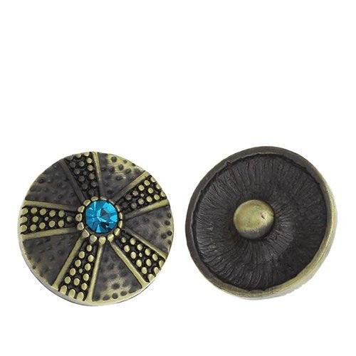 Chunk Snap Buttons Fit Chunk Bracelet Round Antique Bronze Flower Pattern Carved Lake Blue Rhinestone 20mm - Sexy Sparkles Fashion Jewelry - 1
