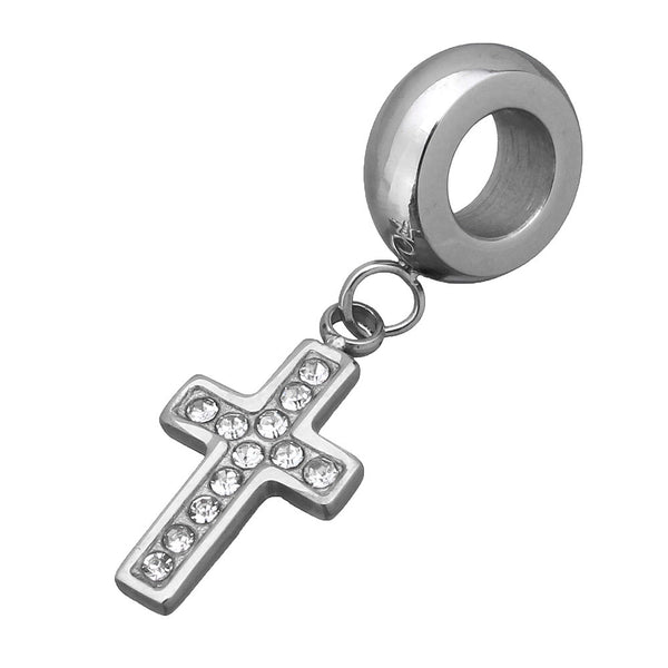 Sexy Sparkles Silver Stone Stainless Steel Religious Cross Charm Dangle Pendant for European Bracelet or Necklaces
