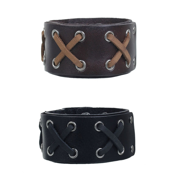 Set of 2 Mens Genuine Real Leather Wrist Bracelet Wide Casual Wristband Cuff Bangle Adjustable