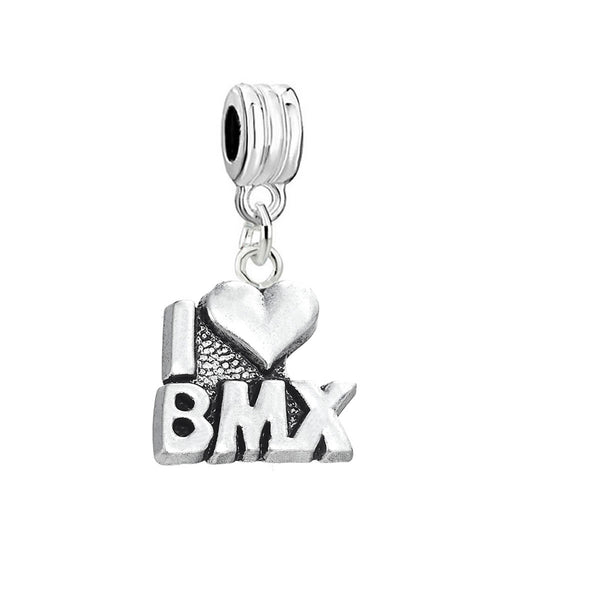 SEXY SPARKLES inch  I love BMXinch  Sports Bike Lovers Dangling Charm Spacer Bead compatible with European Charm Bracelets