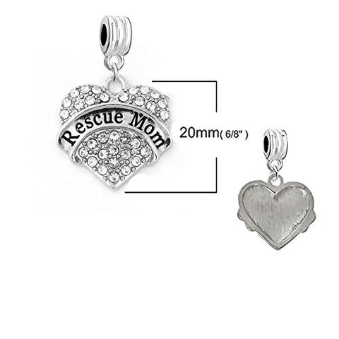 SEXY SPARKLES inch Rescue Mom inch  Heart Charm W/Clear Rhinestones Spacer European Charm for Bracelet and Necklace Compatible