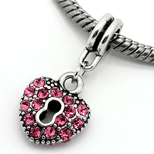 Hot Pink Crystals Heart Lock Dangle Charm Bead For Snake Chain Bracelets - Sexy Sparkles Fashion Jewelry - 1