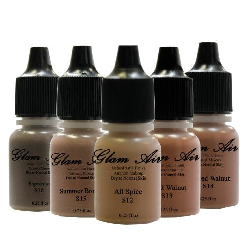 Glam Air Airbrush Water-based Foundation in Set of 5 Assorted Dark Satin Shades (For Normal to Dry Dark Skin)S12-S16