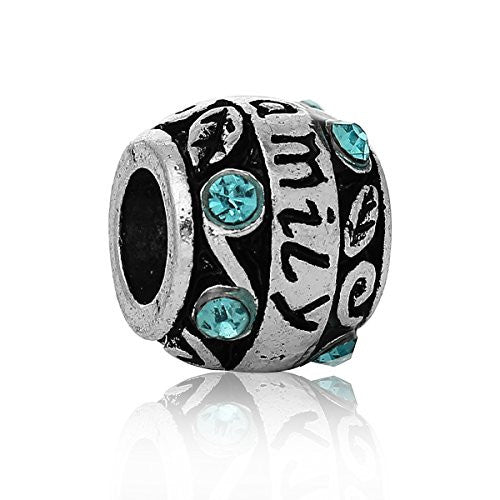 "Family"Carved Barrel Charm Bead w/ Blue Crystals