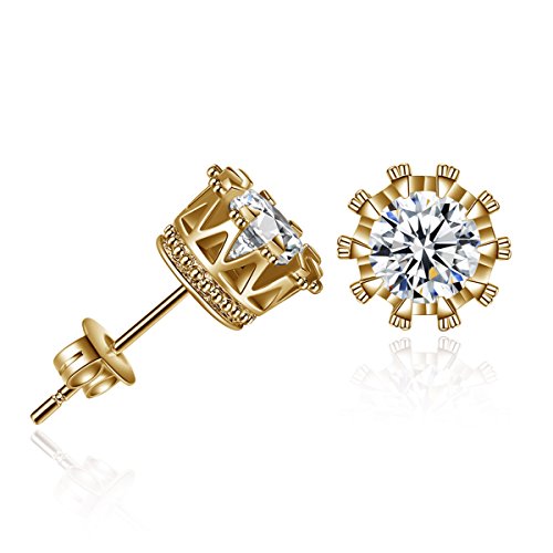 Sexy Sparkles Gold Tone Copper Ear Stud Earrings Cubic Zirconia Inlaid Crown 9mm