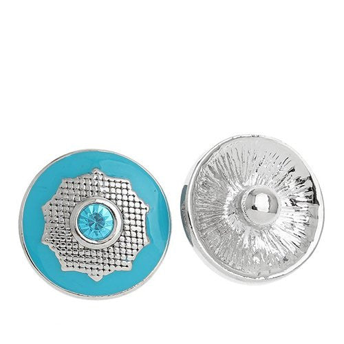 Chunk Snap Buttons Fit Chunk Bracelet Round Silver Tone Enamel Blue Polygon Pattern Carved Blue Rhinestone 20mm - Sexy Sparkles Fashion Jewelry - 1
