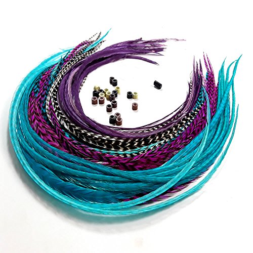 Sexy Sparkles Feather Hair Extensions, 100% Real Rooster Feathers, Long Violet, Purple, Blue Colors, 20 Feathers with 20 Beads and Loop Tool Kit
