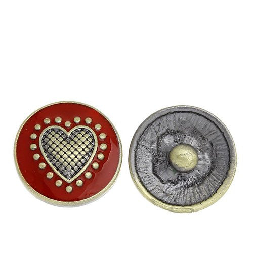 Chunk Snap Buttons Fit Chunk Bracelet Round Antique Bronze Heart Carved Enamel Red 20mm - Sexy Sparkles Fashion Jewelry - 1