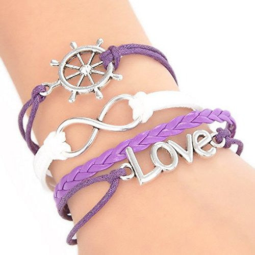 Wax Rope Braiding Bracelet Purple & White Antique Silver Love Ship Helm & Infinity Symbol Findings 20cm(7 7/8")long - Sexy Sparkles Fashion Jewelry - 1