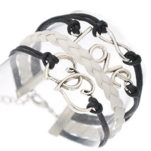 Braiding Leatheroid Wax Rope Bracelets Black Antique Silver Double Hearts Infinity Symbol Love W/Lobster Clasp - Sexy Sparkles Fashion Jewelry - 1