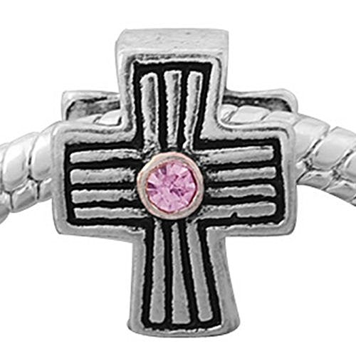 Cross w/ Light Pink  Crystals European Bead Compatible for Most European Snake Chain Charm Bracelet