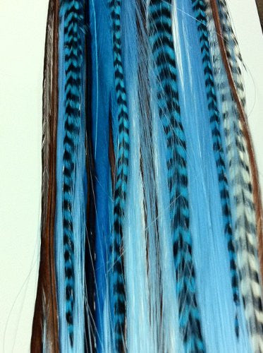 Turquoise Synthetic Hair Extension with Genuine Blue Mix Grizzly Feathers