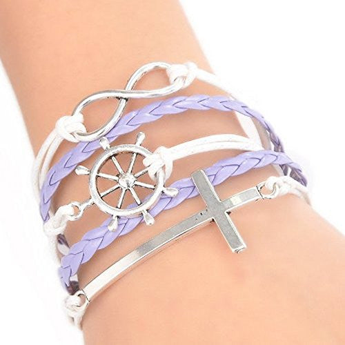 Wax Rope Braiding Bracelet Mixed W/Antique Silver Cross & Infinity Symbol & Rudder Findings 20cm(7 7/8")long - Sexy Sparkles Fashion Jewelry - 1