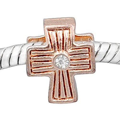 Cross w/ Clear  Crystal Rose Gold Plated Charm European Bead Compatible for Most European Snake Chain Bracelet
