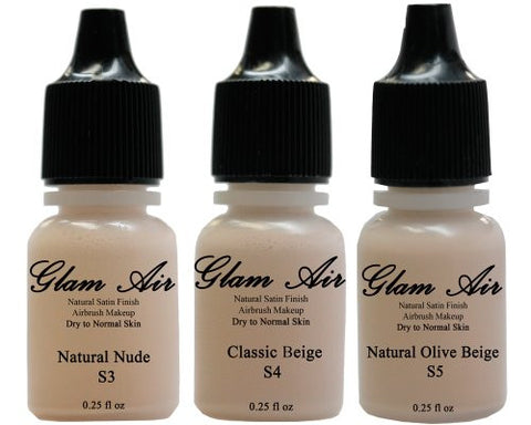 Set of Three (3) Airbrush Makeup Foundations Satin S3 Natural, S4 Classic Beige, S5 Natural Olive Beige Water-based Makeup Lasting All Day 0.25 Oz Bottle By Glam Air - Sexy Sparkles Fashion Jewelry - 1