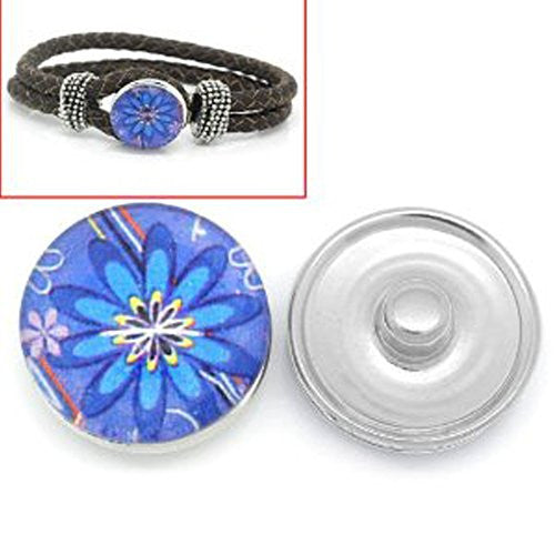 Blue Flower Design Glass Charm Button Fits Chunk Bracelet 18mm for Noosa Style Leather Bracelet - Sexy Sparkles Fashion Jewelry - 1