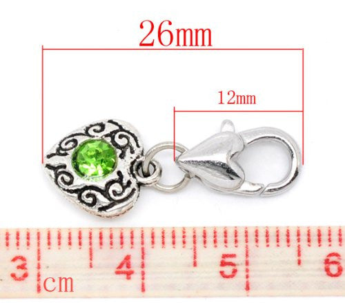 Heart Antique Silver Green Rhinestone Clip On Charms. Fits Thomas Sabo  26x10mm